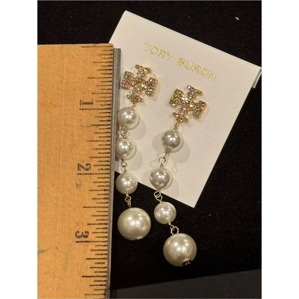 NWT Tory Burch Crystal Double T Logo Graduated Pearl Linear Drop Earrings 3